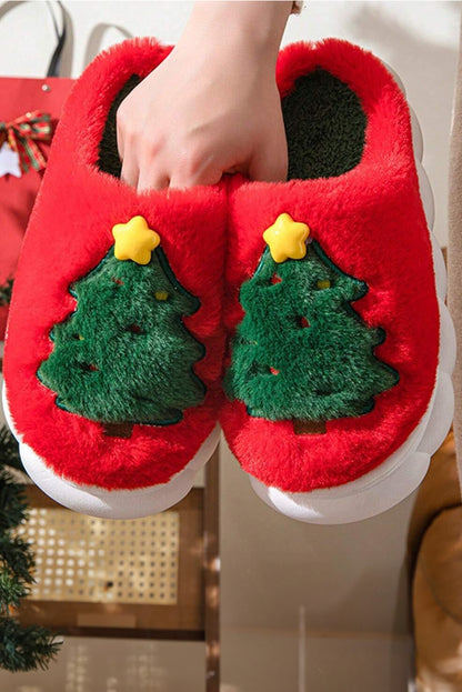 Fiery Red Christmas Tree Graphic Plush Slippers