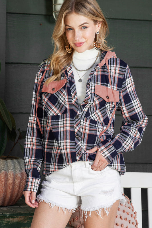 Gray Plaid Pockets Drawstring Hooded Shacket