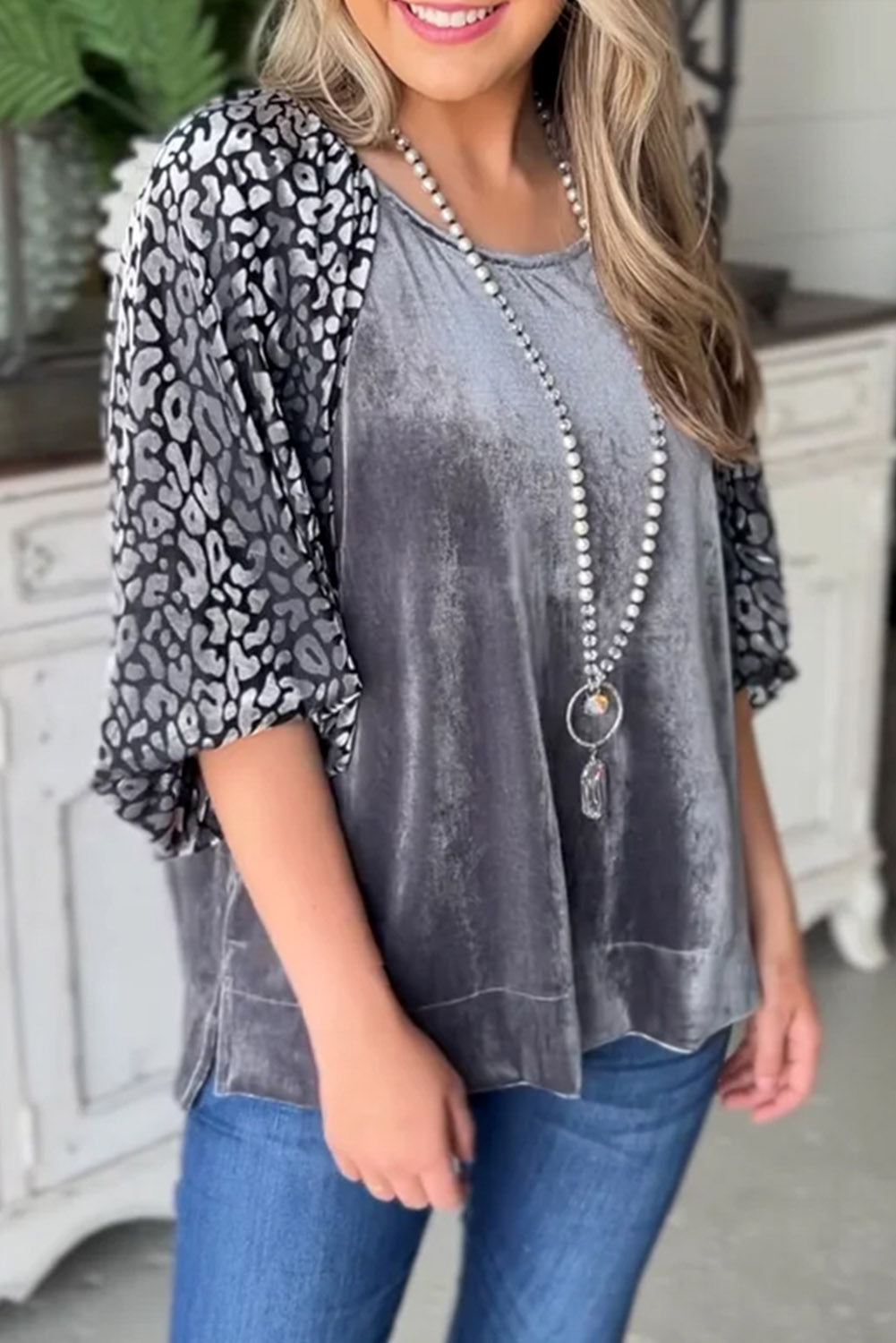 Grey Leopard Splicing Lantern Sleeve Velvet Blouse