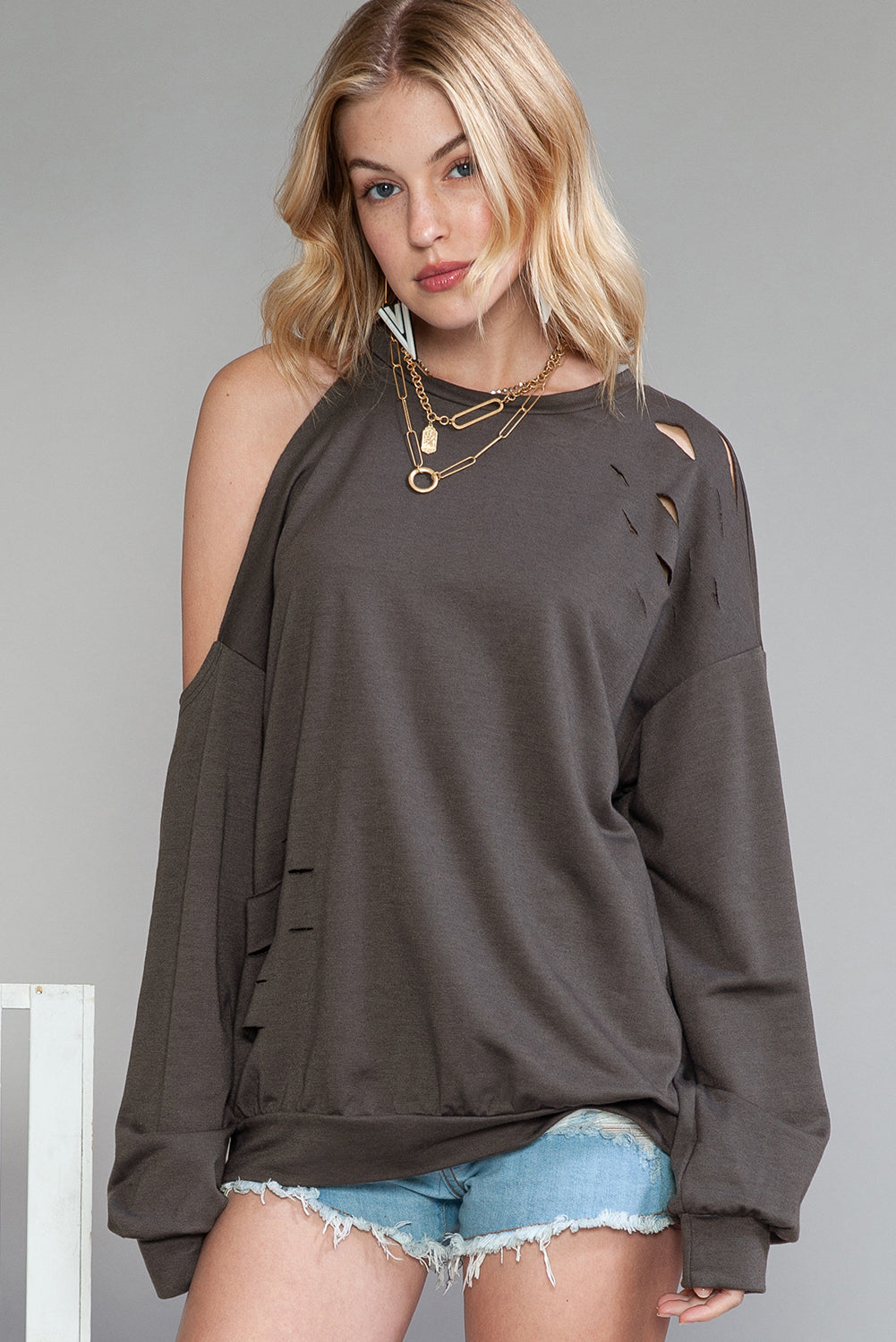 Grey Ripped Cold Shoulder Drop Sleeve Top