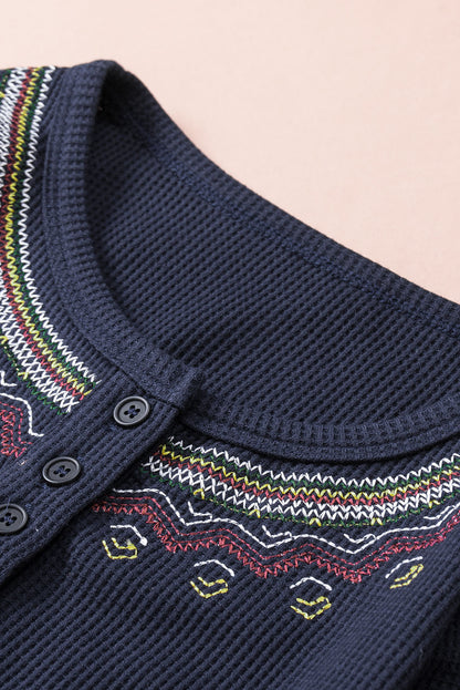 Navy Blue Casual Embroidered Round Neck Waffle Henley Top