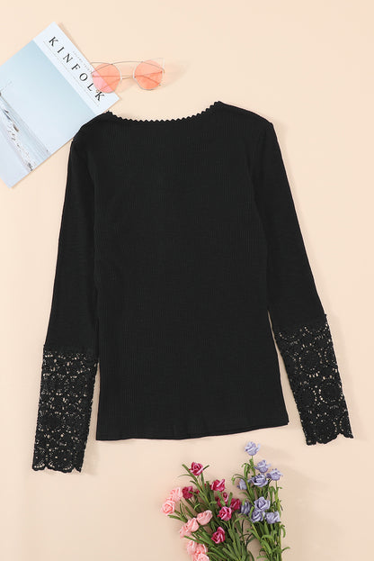 Black Ribbed Lace Crochet Long Sleeve Henley Shirt