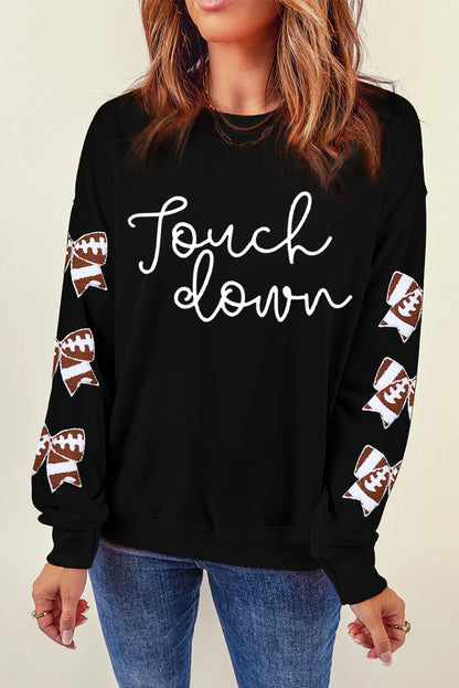 Black Touch Down Letter Bow Print Graphic Sweatshirt