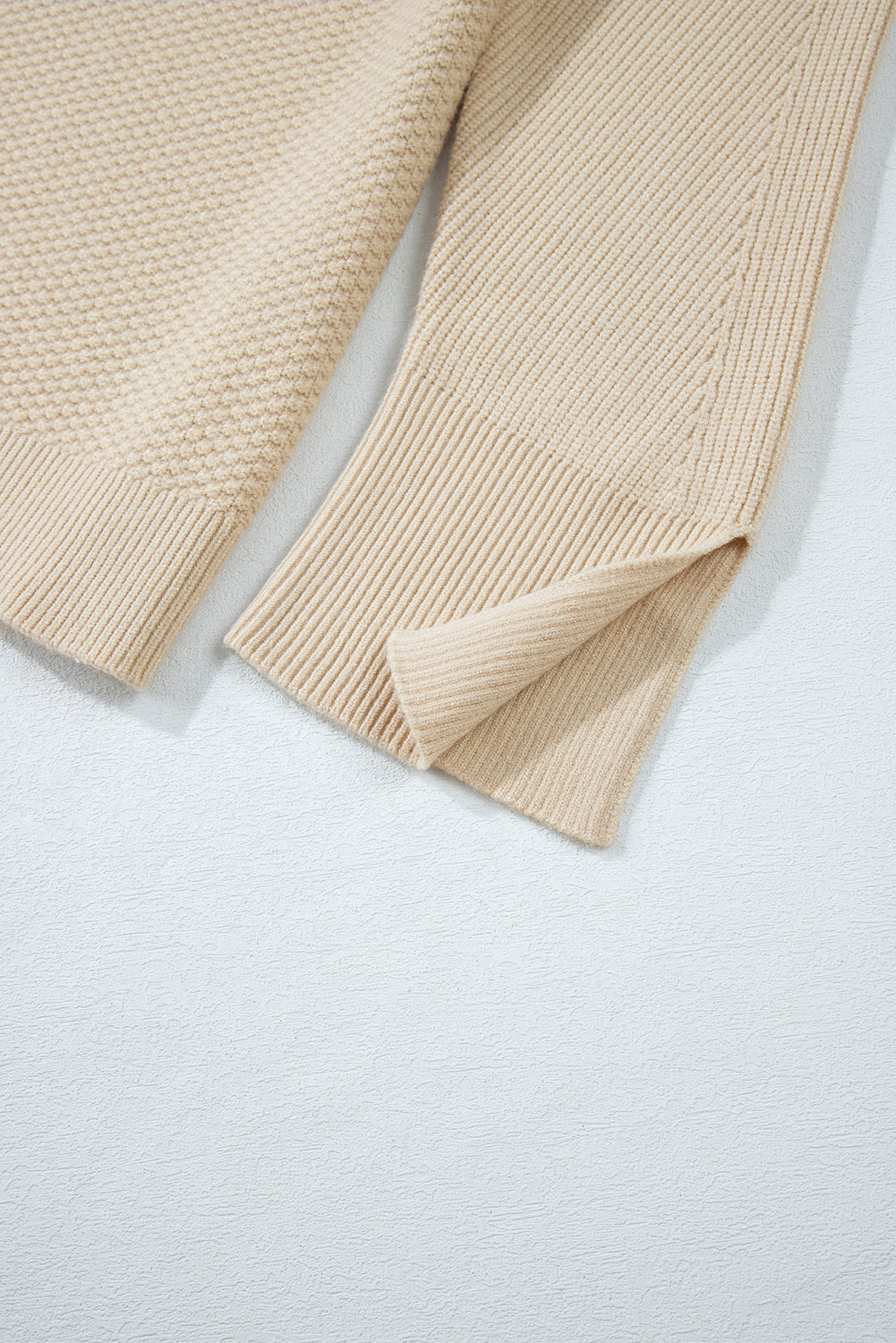 Gray Textured Knit Split Cuff Drop Shoulder Loose Sweater