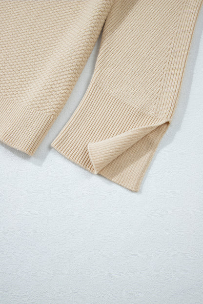 Gray Textured Knit Split Cuff Drop Shoulder Loose Sweater