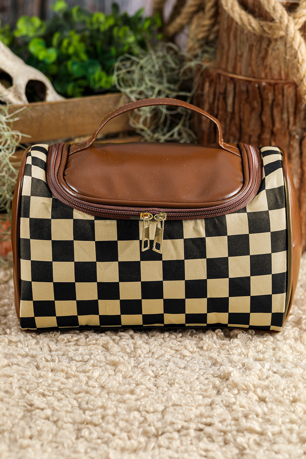 Black Checker Print Leather Zipper Makeup Bag