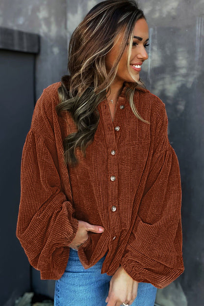 Coffee Corduroy Button Up Lantern Sleeve Jacket