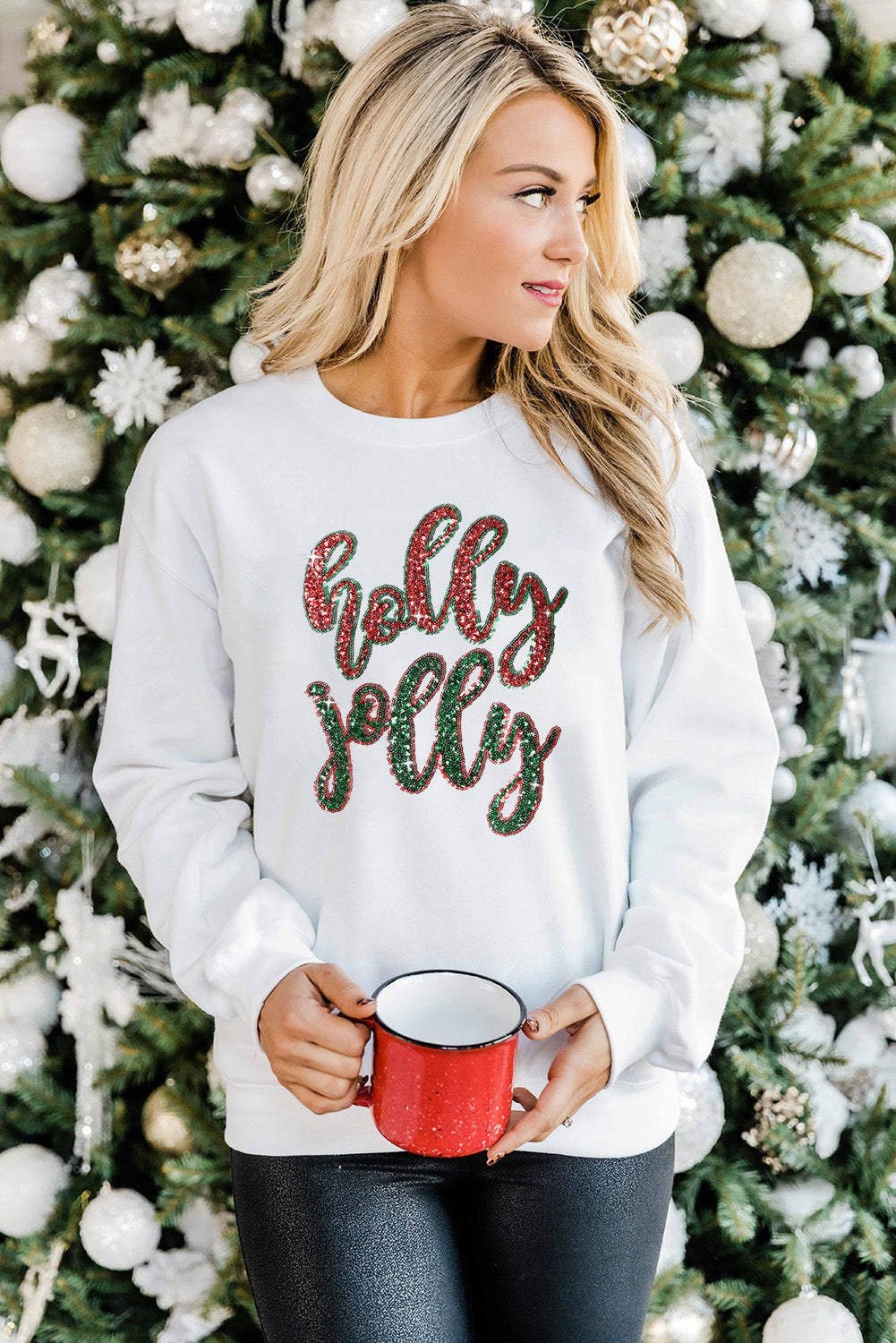 White Christmas Sequined Holly Jolly Graphic Sweatshirt