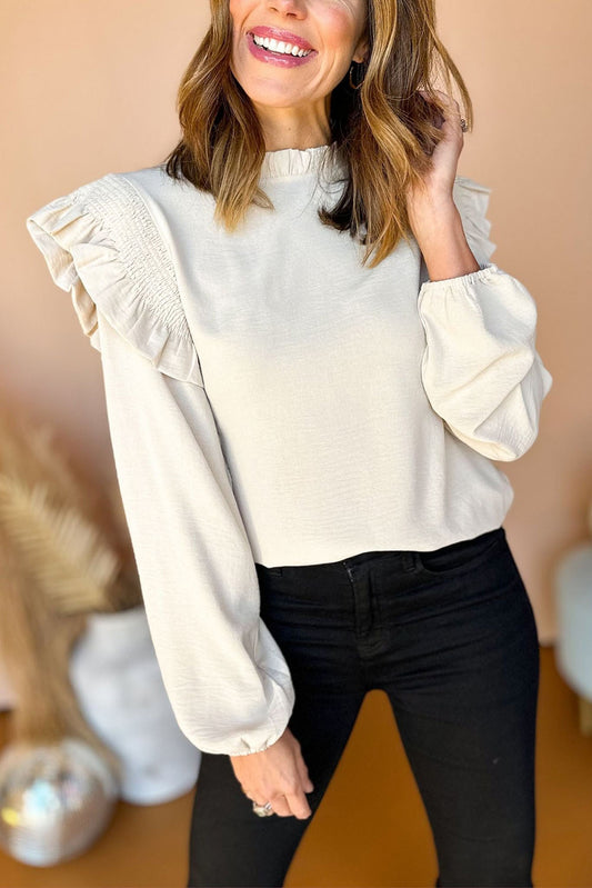 White Frilled Neck Ruffle Trim Bubble Sleeve Blouse