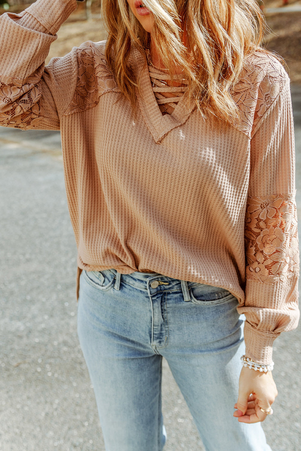 Pink Lace Waffle Knit Crisscross Straps V Neck Long Sleeve Top