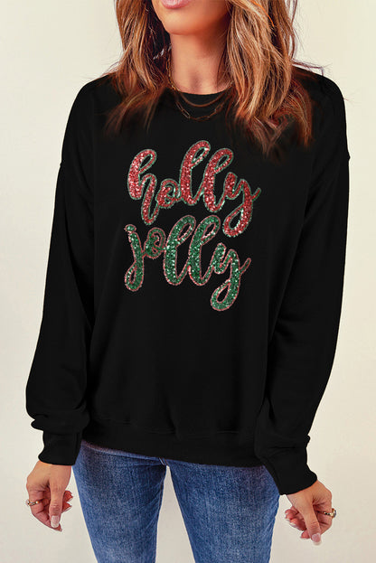 White Christmas Sequined Holly Jolly Graphic Sweatshirt