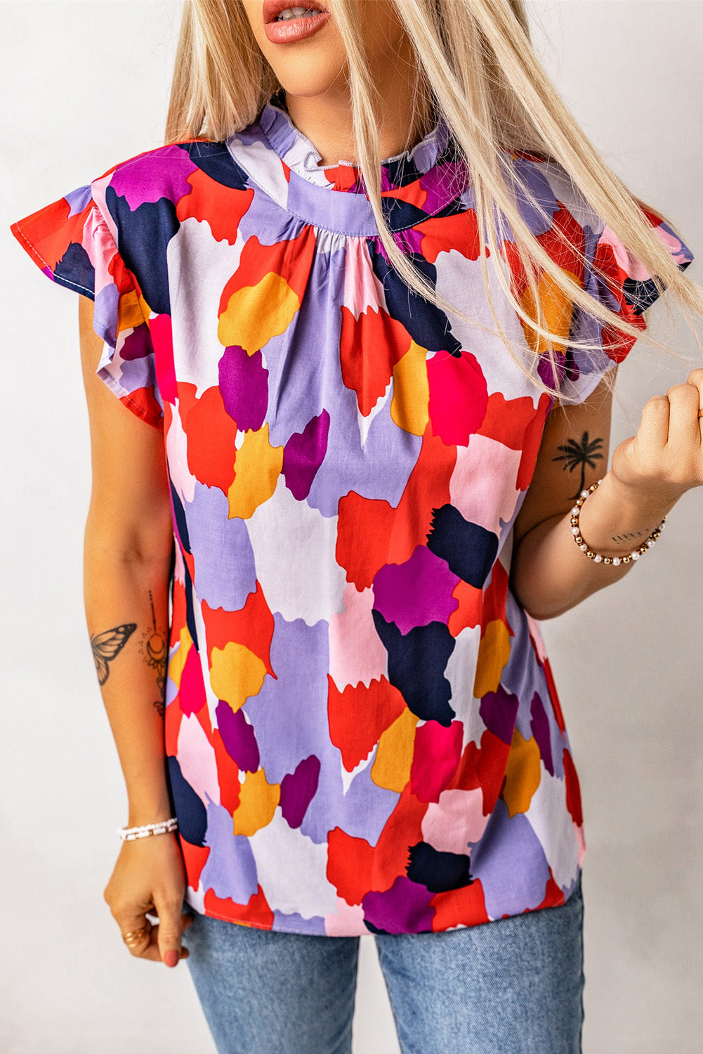 Multicolor Mock Neck Top Ruffle Sleeve Short Sleeve Blouse