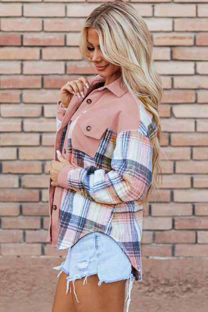 Cinnamon Plaid Corduroy Patchwork Pocket Loose Shacket