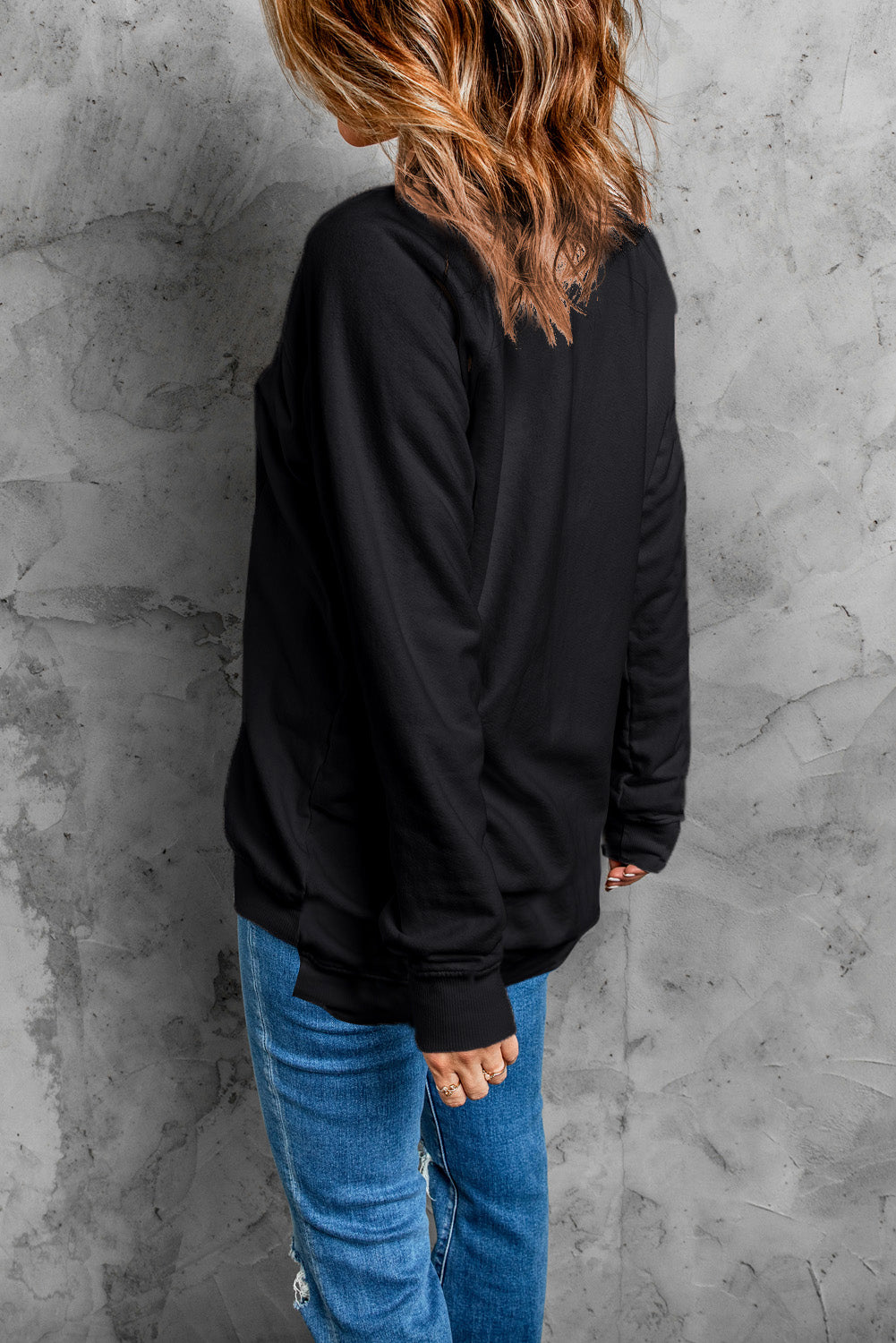 Black Rhinestone Smile Face Pattern High Low Hem Sweatshirt