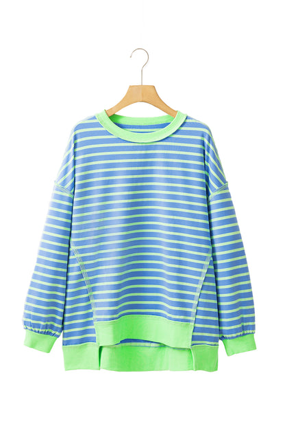 Sky Blue Stripe Contrast Trim High Low Tunic Sweatshirt