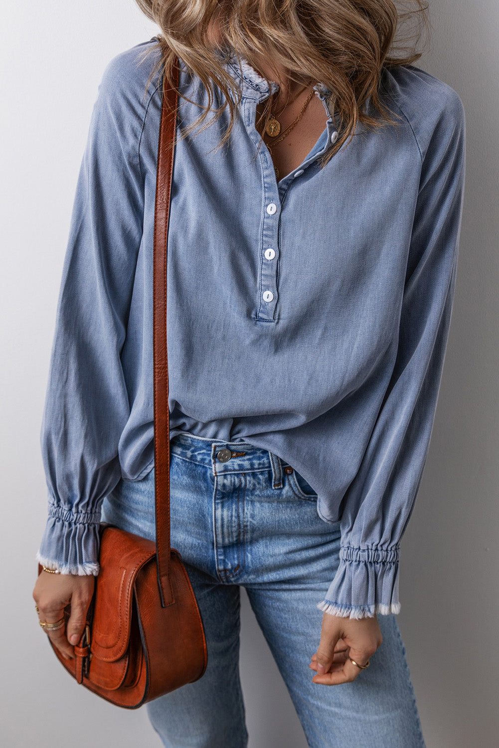 Sky Blue Frilled Raw Hem Half Buttoned Denim Top