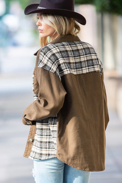 Brown Plaid Patchwork Pockets Denim Jacket