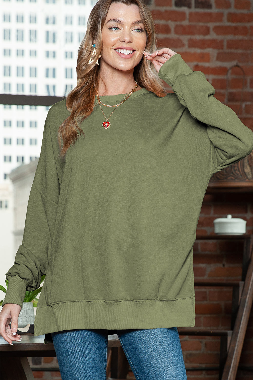 Pink Plain Drop Shoulder Trim Oversized Sweatshirt