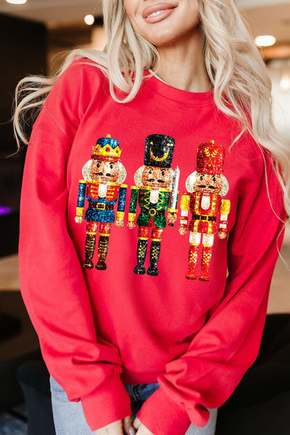 Red Christmas Metallic Nutcracker Graphic Crew Neck Sweatshirt