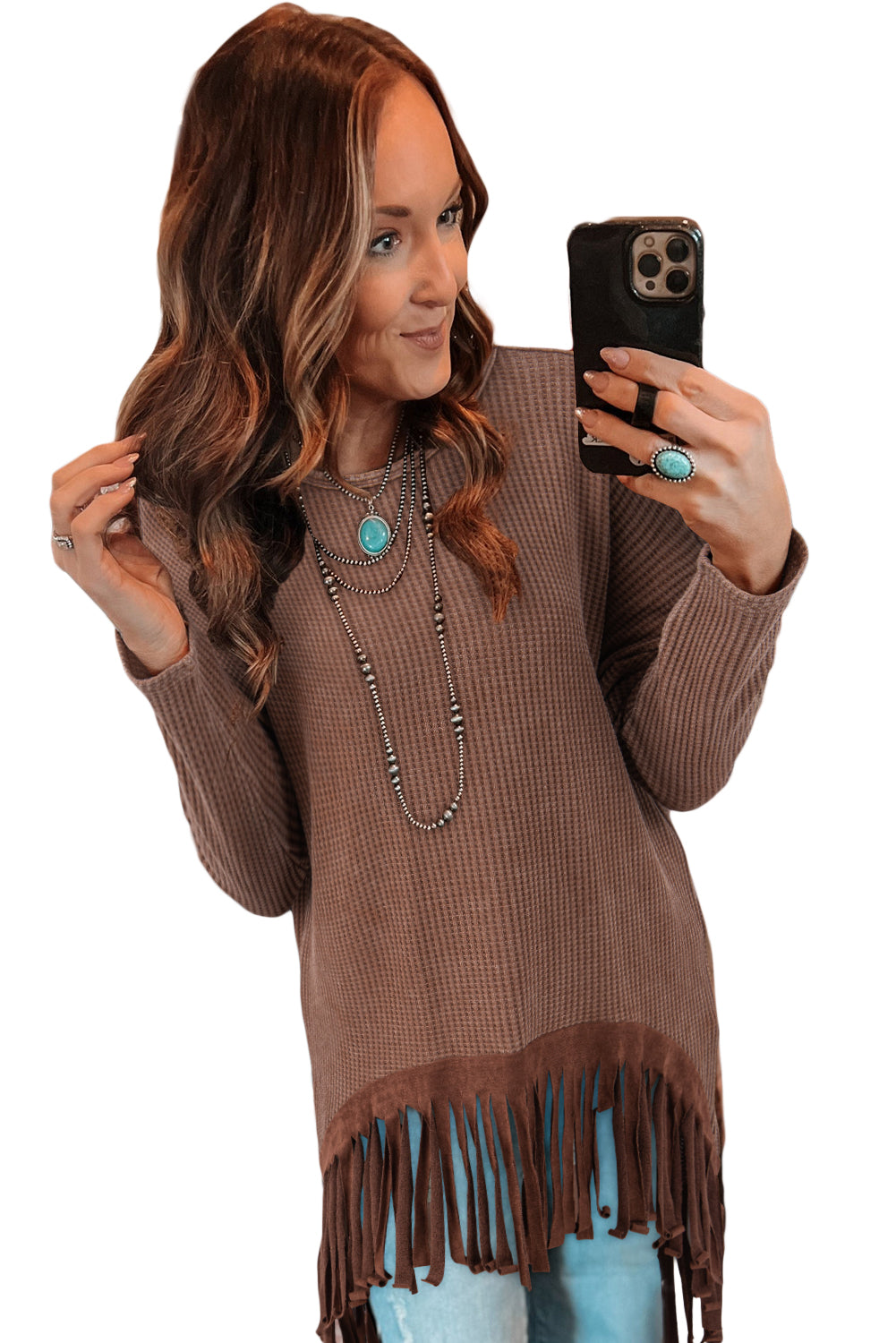 Coffee Waffle Patchwork Fringe Hem High Low Loose Top