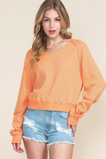 Orange Waffle Knit Exposed Seam Long Sleeve Top