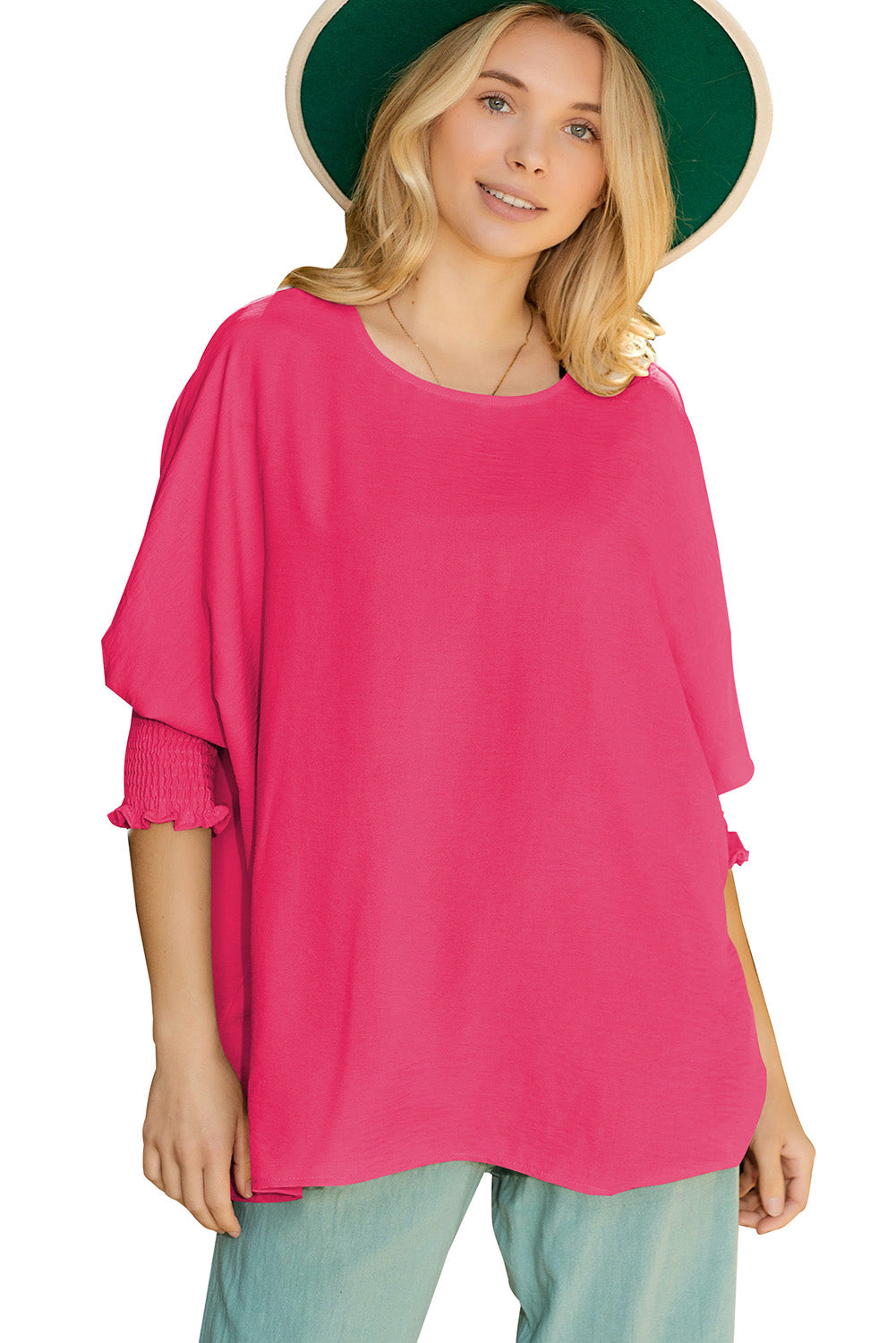 Pink Casual Shirred Cuffs Half Sleeve Top