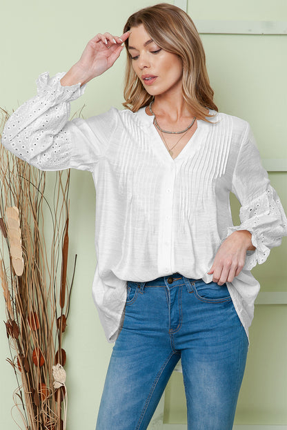 White Casual Eyelet Button Up Blouse for Women