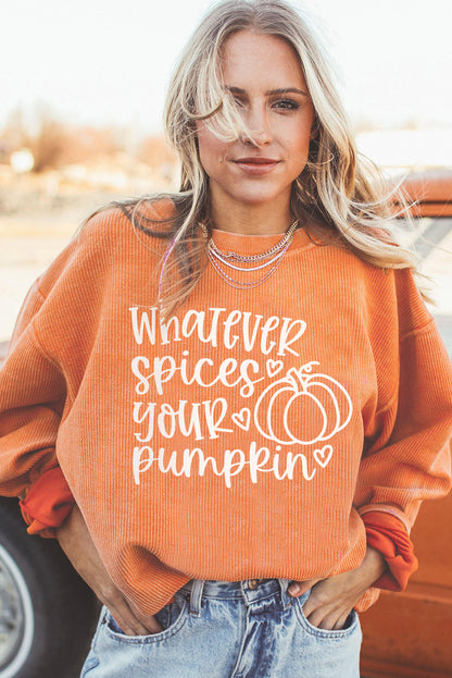 Orange Pumpkin Letter Print Oversized Corduroy Sweatshirt