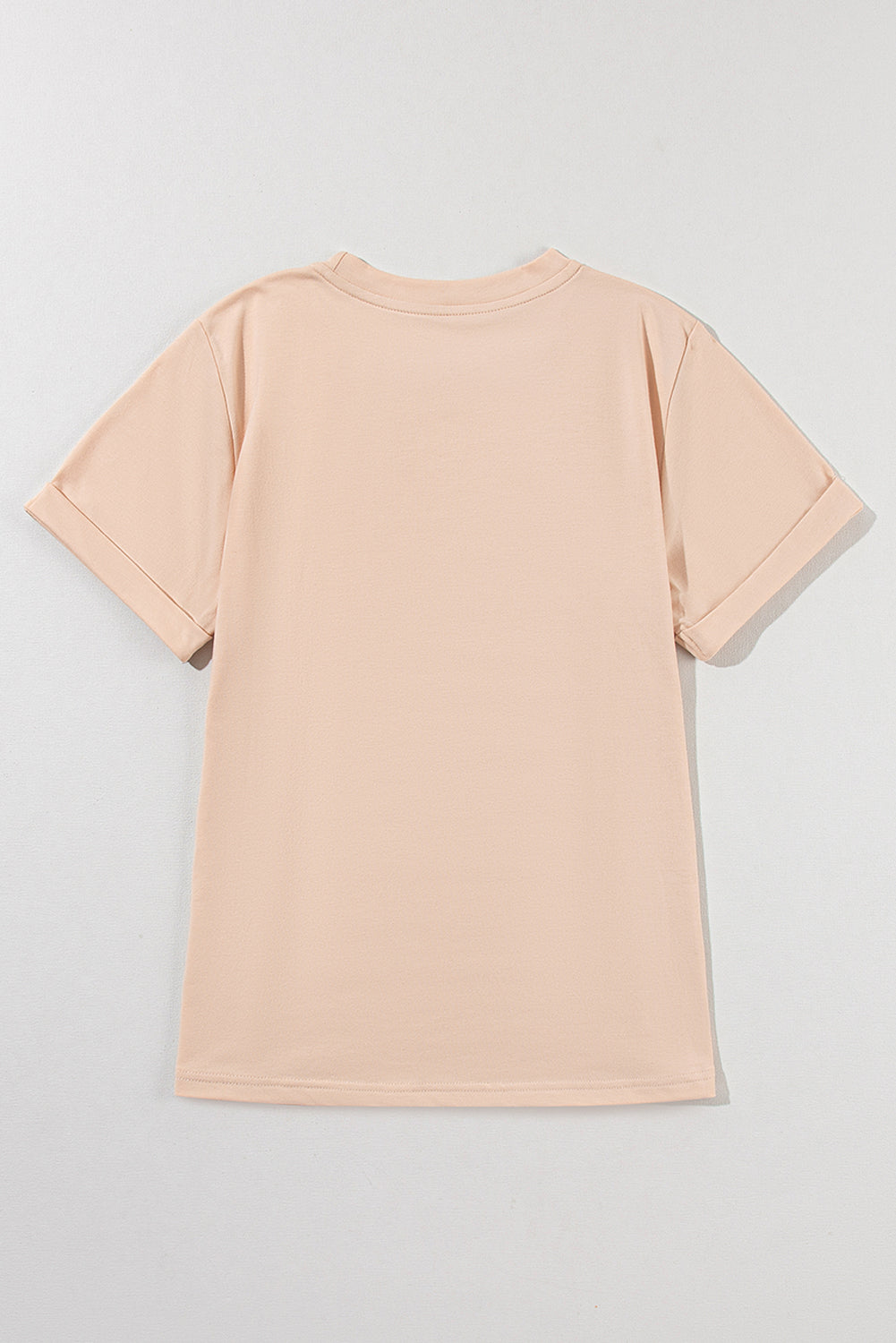 Rose Red Solid Color Crew Neck Roll Up Sleeve Tee