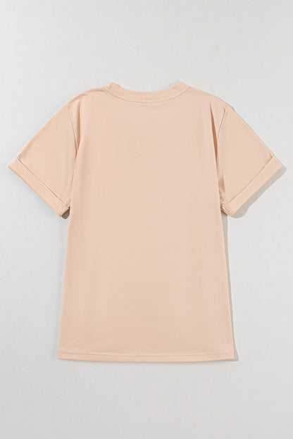 Rose Red Solid Color Crew Neck Roll Up Sleeve Tee
