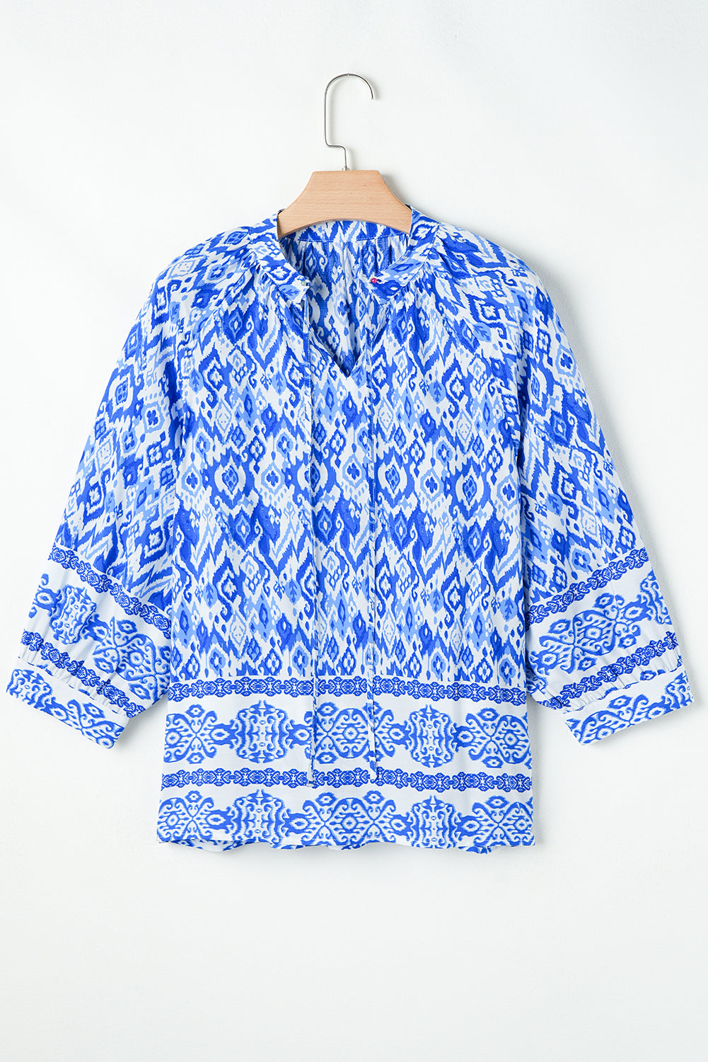 Blue Boho Abstract Print 3/4 Sleeve Tie Neck Blouse