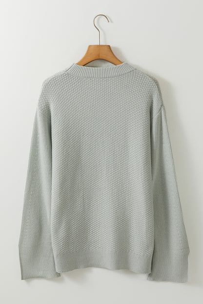 Gray Textured Knit Split Cuff Drop Shoulder Loose Sweater