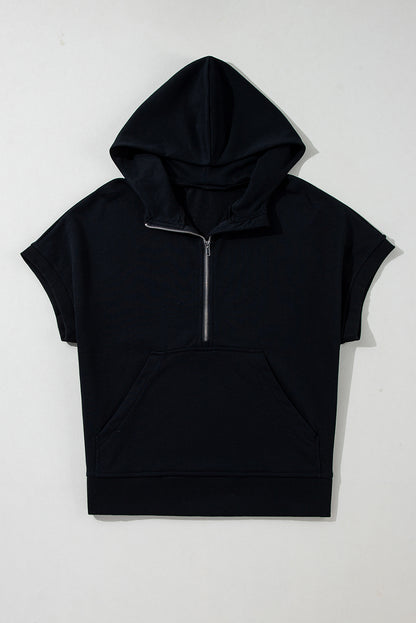 Black Half Zipper Kangaroo Pocket Short Sleeve Hoodie