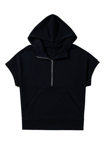 Black Half Zipper Kangaroo Pocket Short Sleeve Hoodie