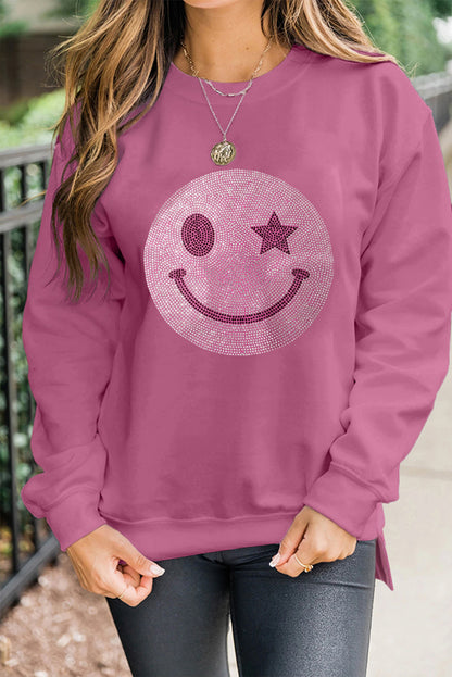 Black Rhinestone Smile Face Pattern High Low Hem Sweatshirt