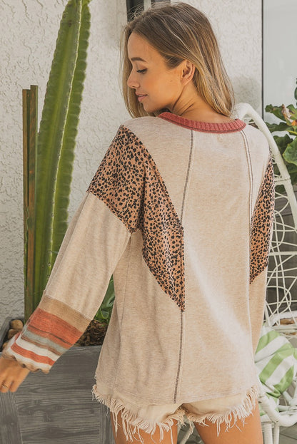 Khaki Leopard Contrast Exposed Seam Long Sleeve Top