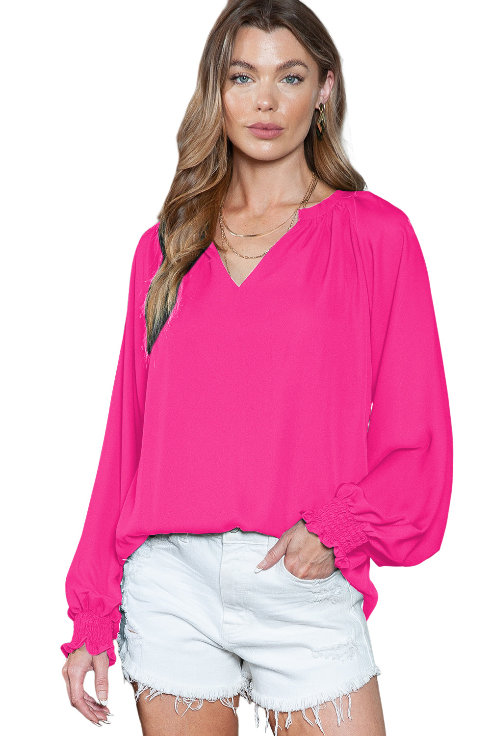 Rose Pleated V Neck Puffy Sleeve Blouse