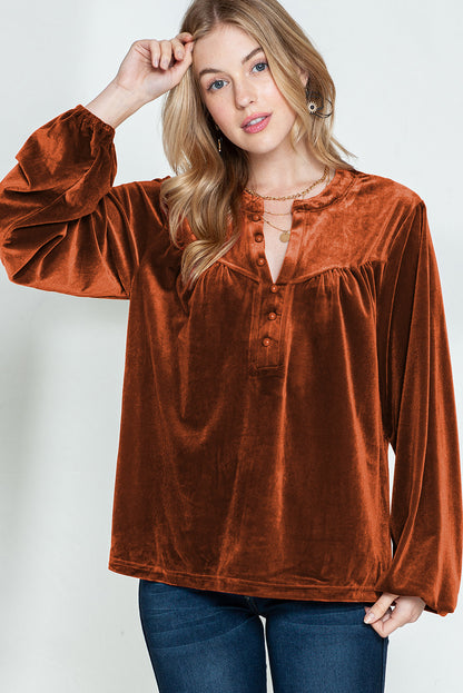 Skobeloff Velvet Henley Beaded Lantern Sleeve Top