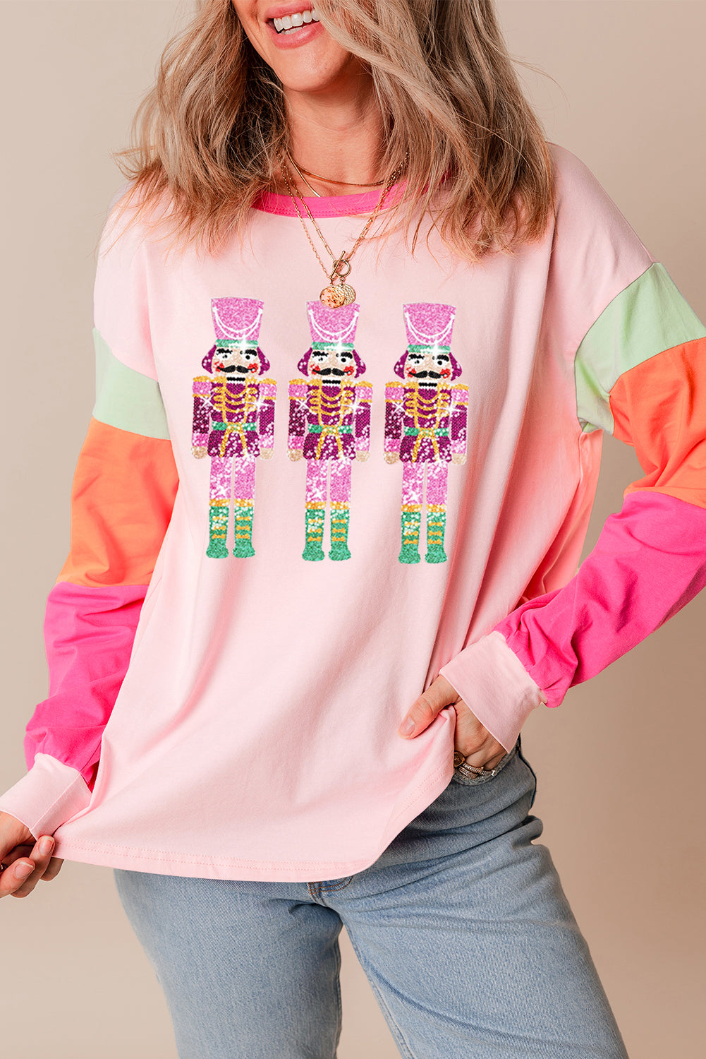 Pink Colorblock Nutcracker Print Graphic Sweatshirt