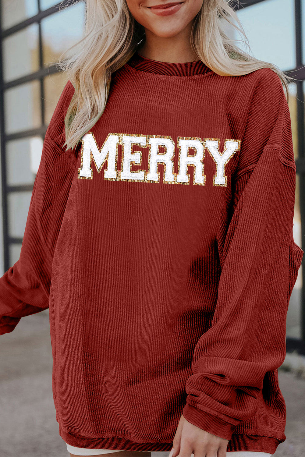 Racing Red MERRY Graphic Corded Long Sweatshirt