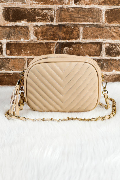 Oatmeal Chevron Stitch PU Leather Chain Strap Shoulder Bag