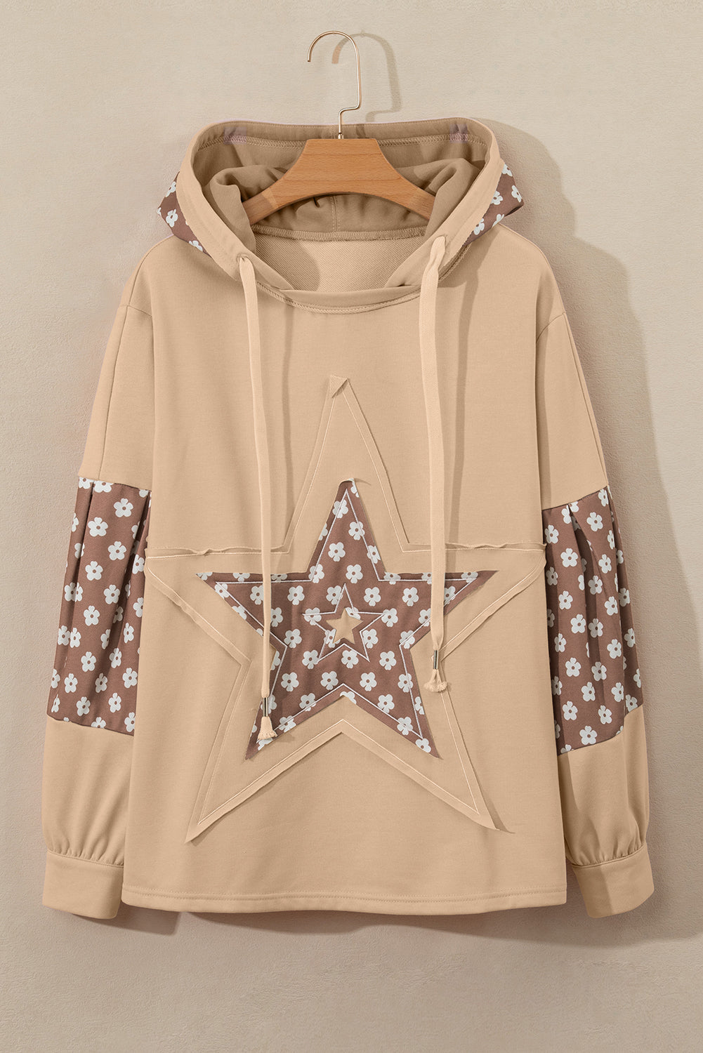 Apricot Floral Patchwork Star Pattern Drawstring Hoodie