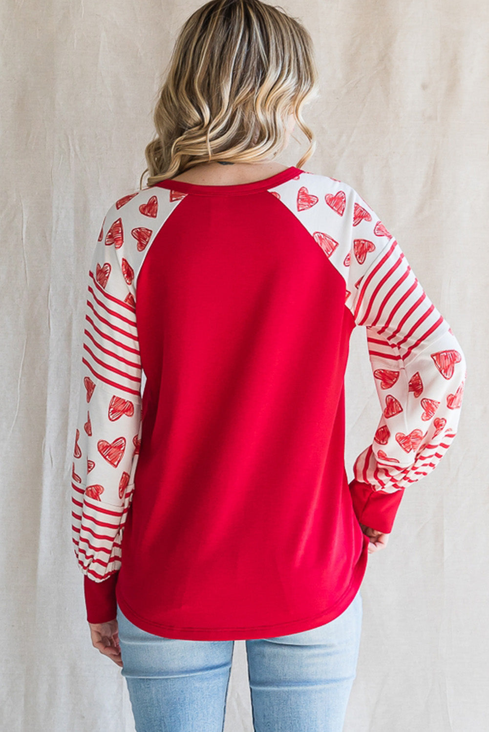 Fiery Red Heart Striped Raglan Sleeve Henley Top