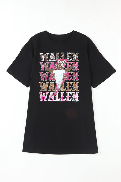 Black WALLEN Letter Print Animal Graphic Oversized Tee