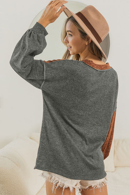 Brown Exposed Seam Patchwork V Neck Long Sleeve Top