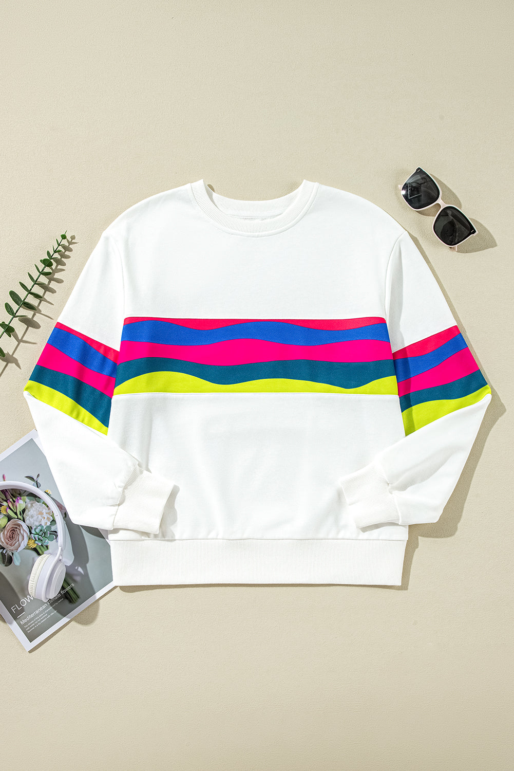 Green Colorful Striped Round Neck Long Sleeve Top