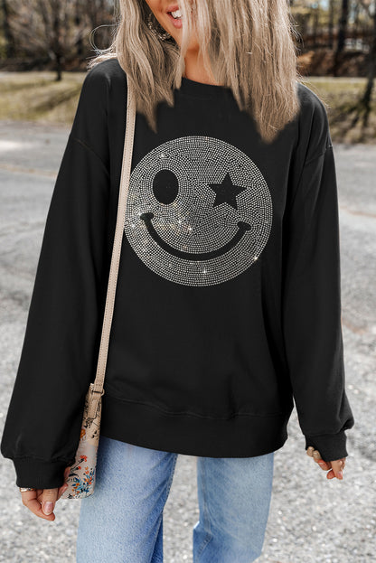 Black Rhinestoned Smile EMOJ Graphic Crew Neck Sweatshirt