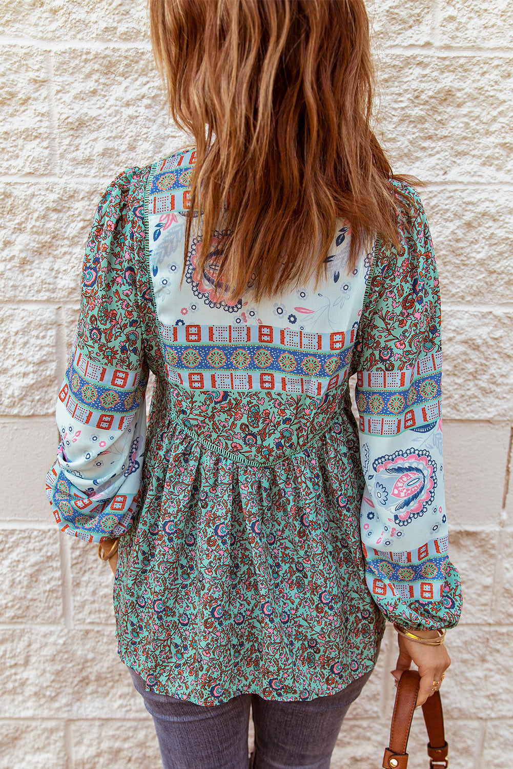 Floral Print Split V Neck Puff Sleeve Tunic Top