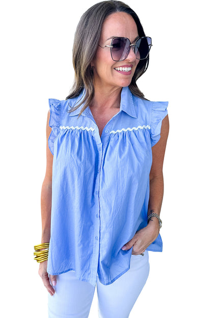 Sky Blue Ric Rac Trim Collared Pleated Ruffle Top