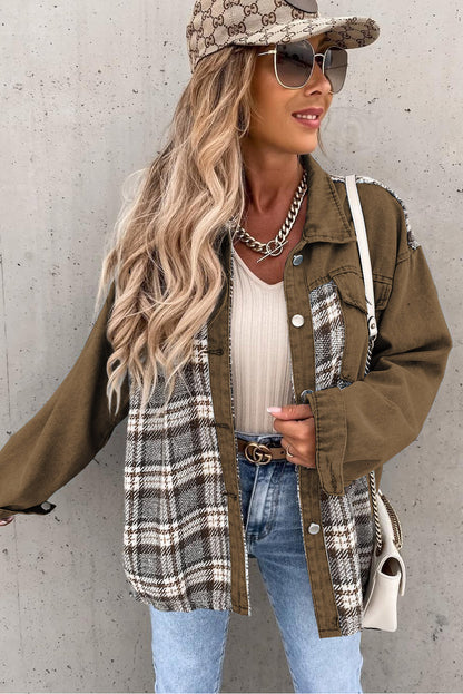 Brown Plaid Patchwork Pockets Denim Jacket